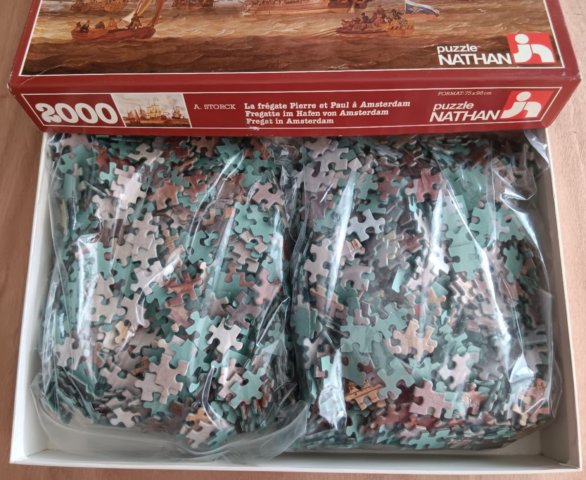 Image of the puzzle 2000, Nathan, Frigate in Amsterdam, by Abraham Storck, Complete, Picture of the Bag