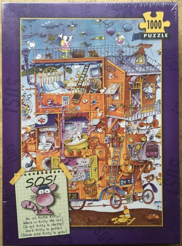 Image of the puzzle 1000, Heye, SOS! Where is Kitty the Cat?, by Guillermo Mordillo, Factory Sealed, Picture of the box