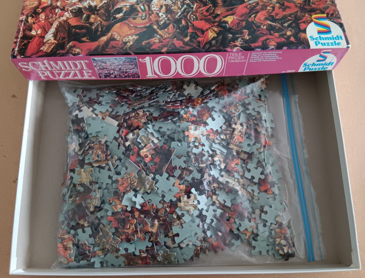 Image of the puzzle 1000, Schmidt, The Battle of Kahlenberg, Stephan Kessler. Complete, Picture of the bag