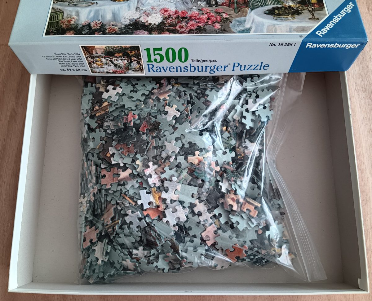 Image of the puzzle 1500, Ravensburger, Ritz Hotel, Paris 1904, Jeanniot, Complete, Picture of the bag