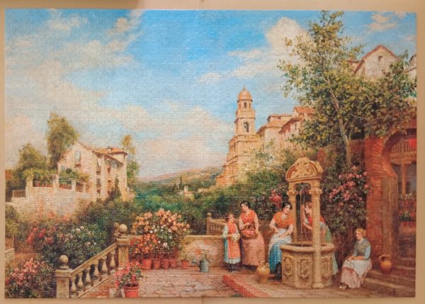 Image of the puzzle 2000, Jumbo, On a Terrace, by Haddon, Complete, Picture of the Assembled Puzzle
