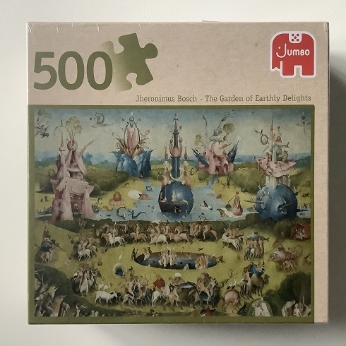 500, Jumbo, The Garden Of Earthly Delights, by Hieronymus Bosch, Factory Sealed, Listed by Jacoba Image of the puzzle 500, Jumbo, The Garden Of Earthly Delights, by Hieronymus Bosch, Factory Sealed, Picture of the Box