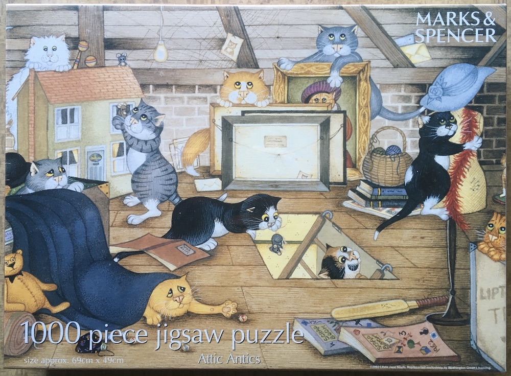 1000, Marks & Spencer, Attic Antics, by Linda Jane Smith, Factory Sealed, 2025-12-17 Image of the puzzle 1000, Marks & Spencer, Attic Antics, by Linda Jane Smith, Factory Sealed, Picture of the box