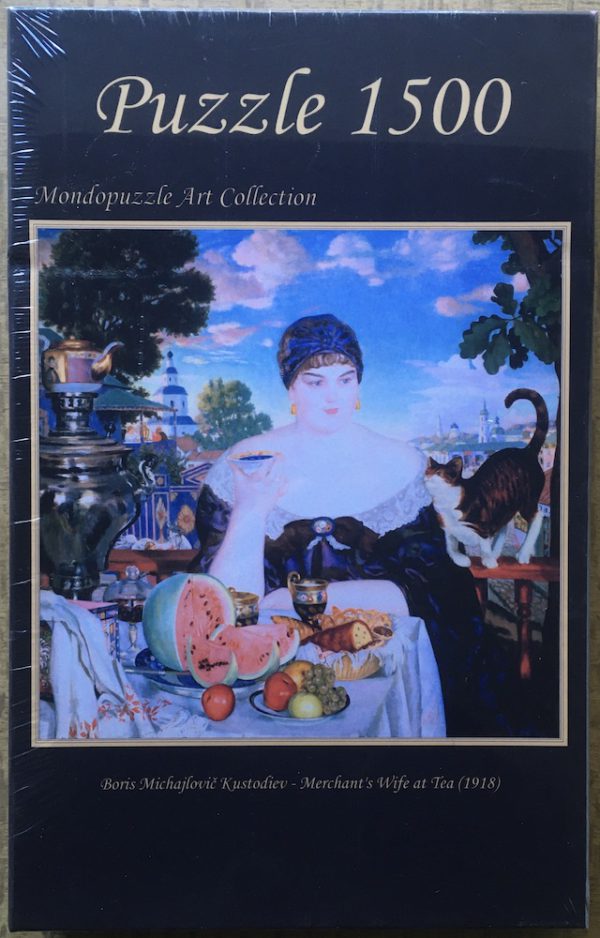 Image of the puzzle 1500, Mondopuzzle, Merchant's Wife at Tea, by Boris Kustodiev, Factory Sealed, Picture of the box
