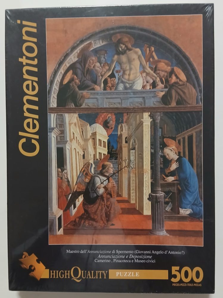 500, Clementoni, Annunciazione e Deposizione, by Giovanni Angelo D'Antonio, Factory Sealed, Listed by Ana Vanesa Image of the puzzle 500, Clementoni, Annunciazione e Deposizione, by Giovanni Angelo D'Antonio, Factory Sealed, Picture of the Box