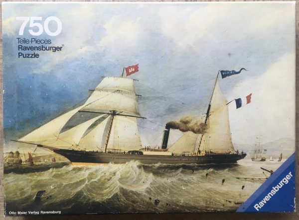 Image of the puzzle 750, Ravensburger, Steamboat, by John Scott, Complete, Picture of the box
