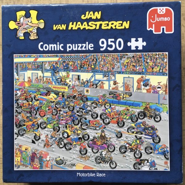 Image of the puzzle 950, Jumbo, Motorbike Race, by Jan van Haasteren, Complete, Picture of the box