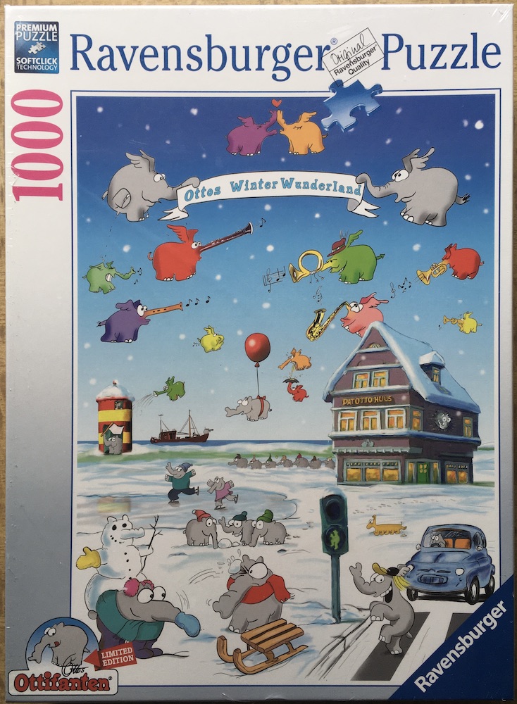 1000, Ravensburger, Ottifanten Weihnachtswunderland, by Otto Waalkes, Factory Sealed, 2026-03-29 Image of the puzzle 1000, Ravensburger, Ottifanten Weihnachtswunderland, by Otto Waalkes, Factory Sealed, Picture of the box